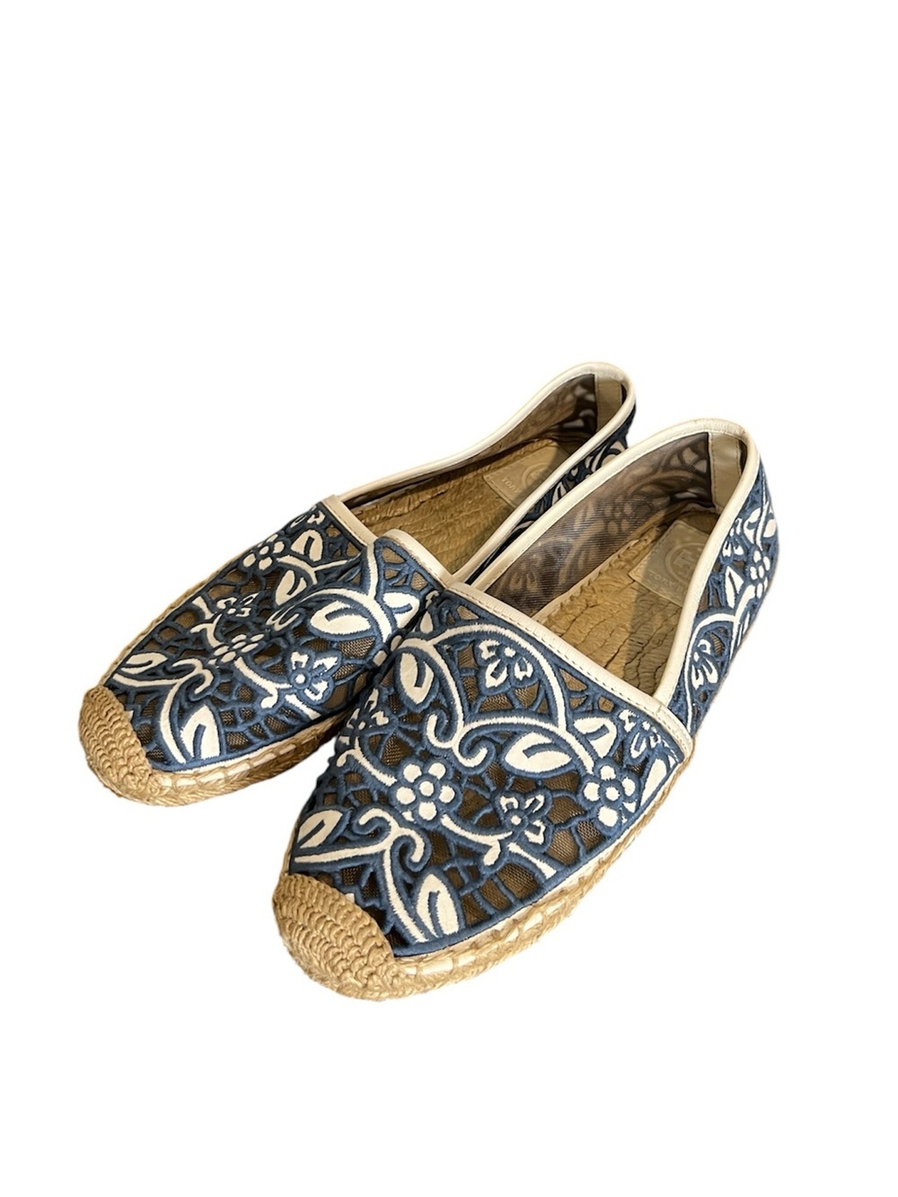 Tory Burch Lucia blue cream lace espadrilles size 8